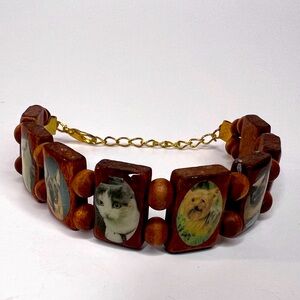 Vintage 70s 80s Wood Bead Saints Bracelet Cats and Dogs